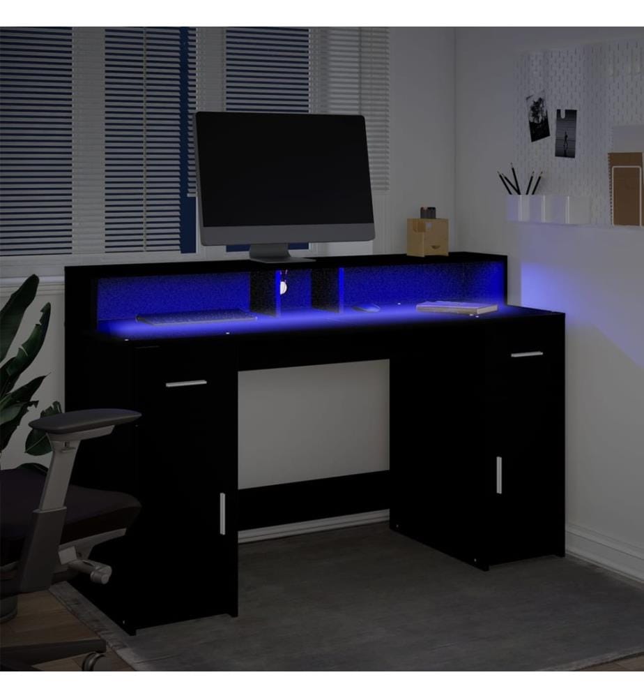 Bureau avec lumières LED noir 140x55x91 cm bois d'ingénierie