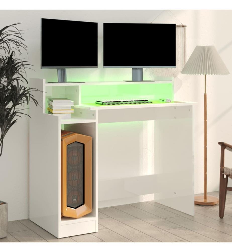Bureau lumières LED Blanc brillant 97x45x90cm Bois d'ingénierie