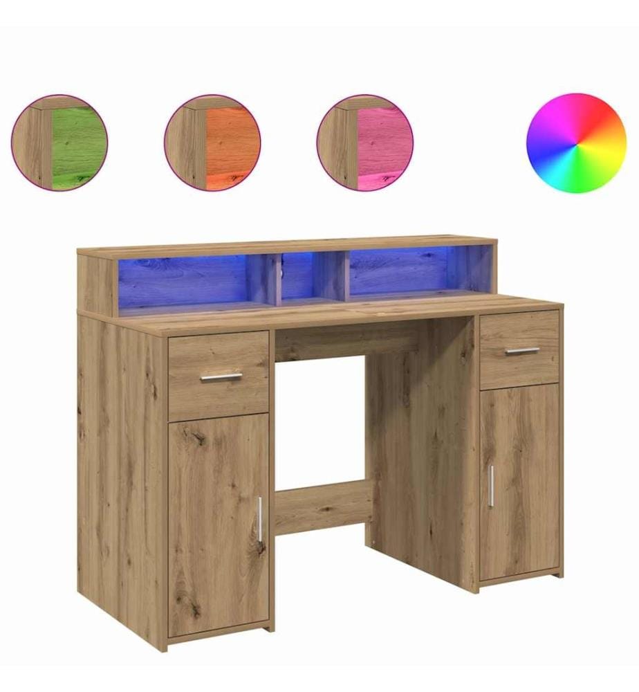 Bureau avec lumières LED chêne artisanal bois d'ingénierie