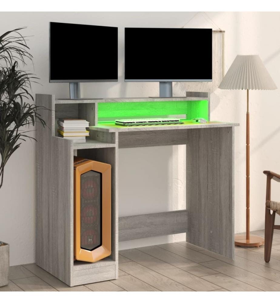 Bureau et lumières LED Sonoma gris 97x45x90cm Bois d'ingénierie