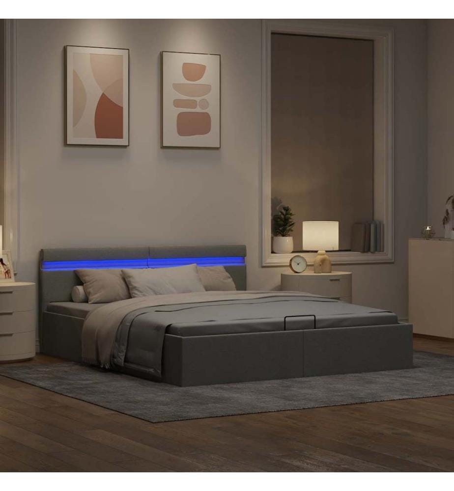 Bett mit Bettkasten Hydraulisch LED Hellgrau Stoff 160x200 cm