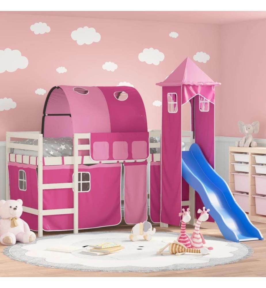 Lit mezzanine enfants avec tour sans matelas rose 80x200 cm