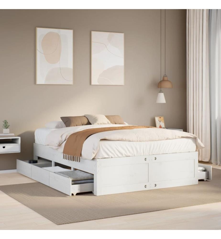Cadre de lit sans matelas avec tiroirs blanc 160x200cm bois pin