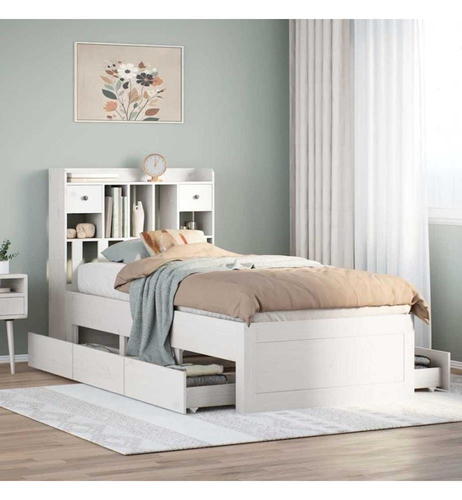 Lit bibliothèque sans matelas blanc 90x200cm bois de pin massif