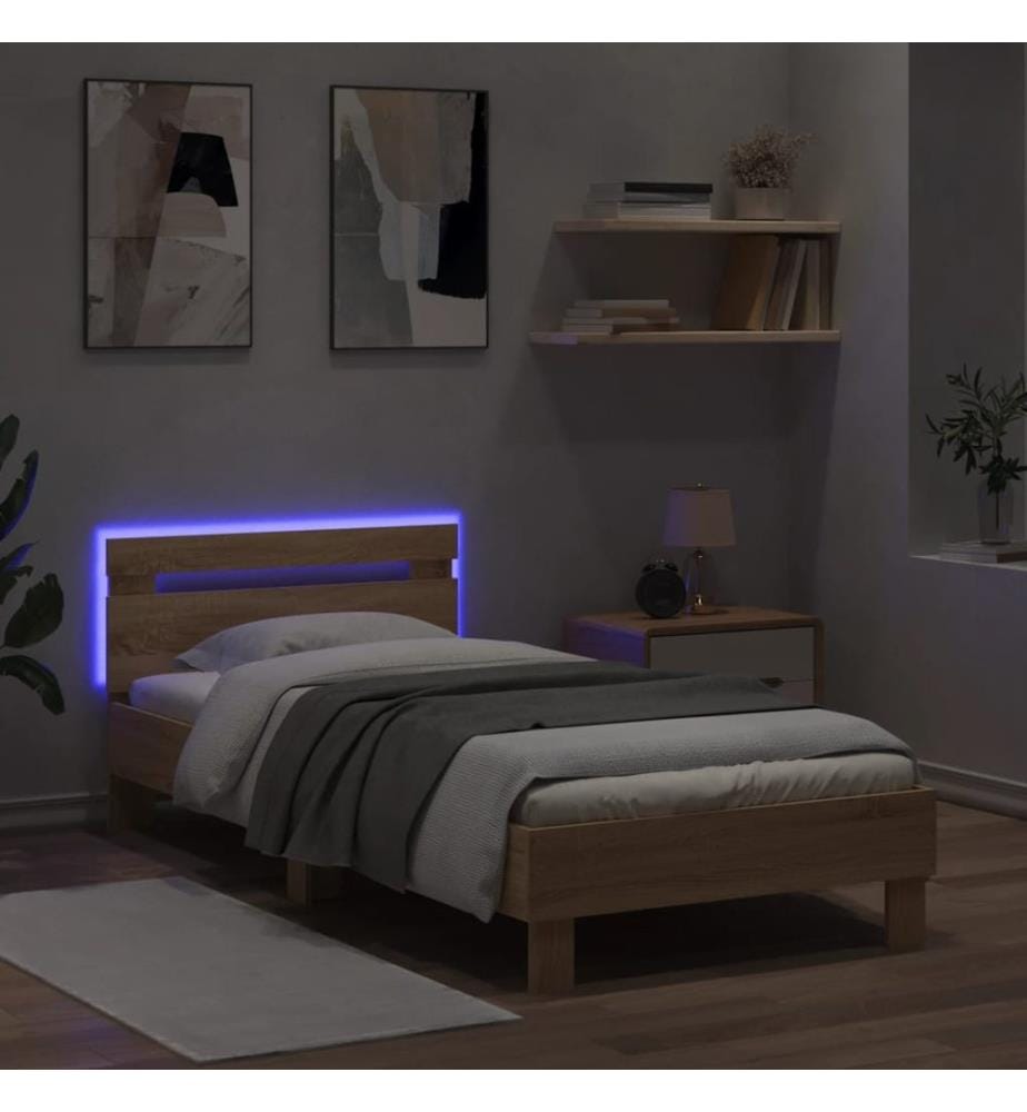 Bettgestell mit Kopfteil und LED-Leuchten Sonoma-Eiche 90x190cm