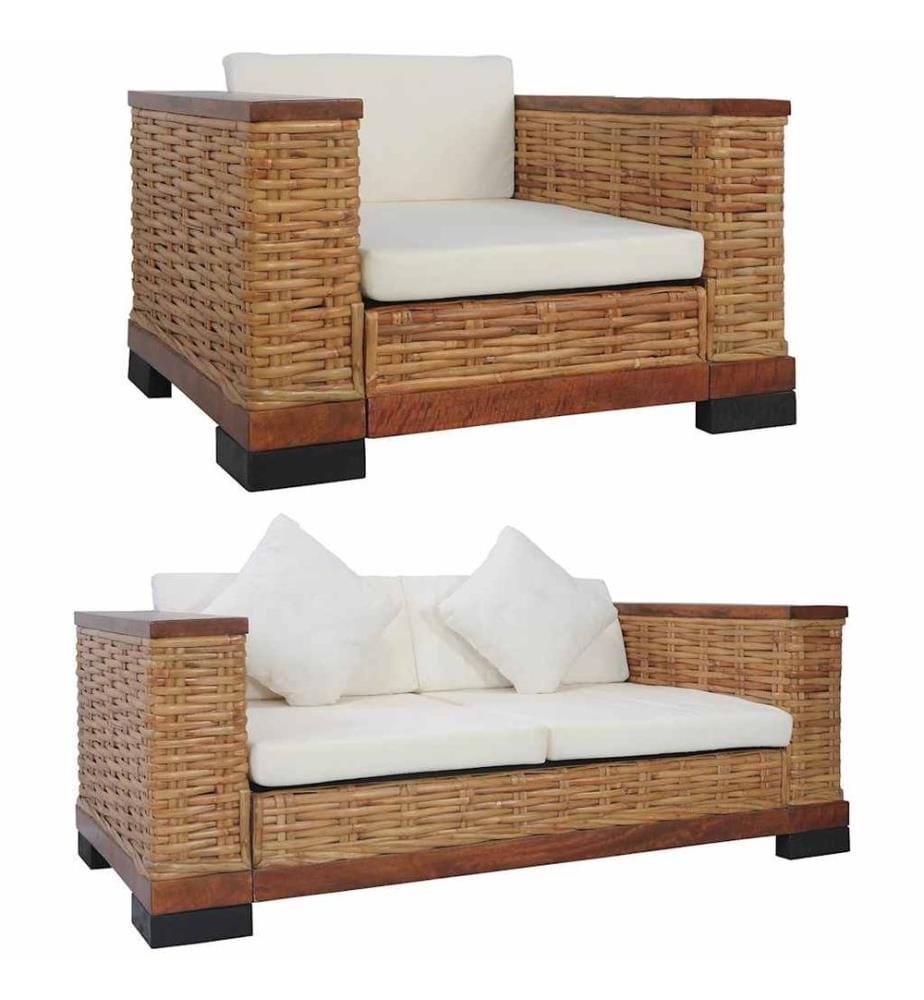 2-tlg. Sofagarnitur mit Auflagen Braun Natur Rattan