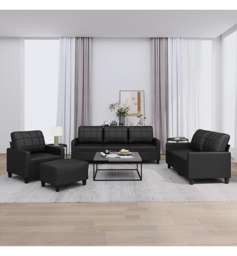 4-tlg. Sofagarnitur mit Kissen Schwarz Kunstleder