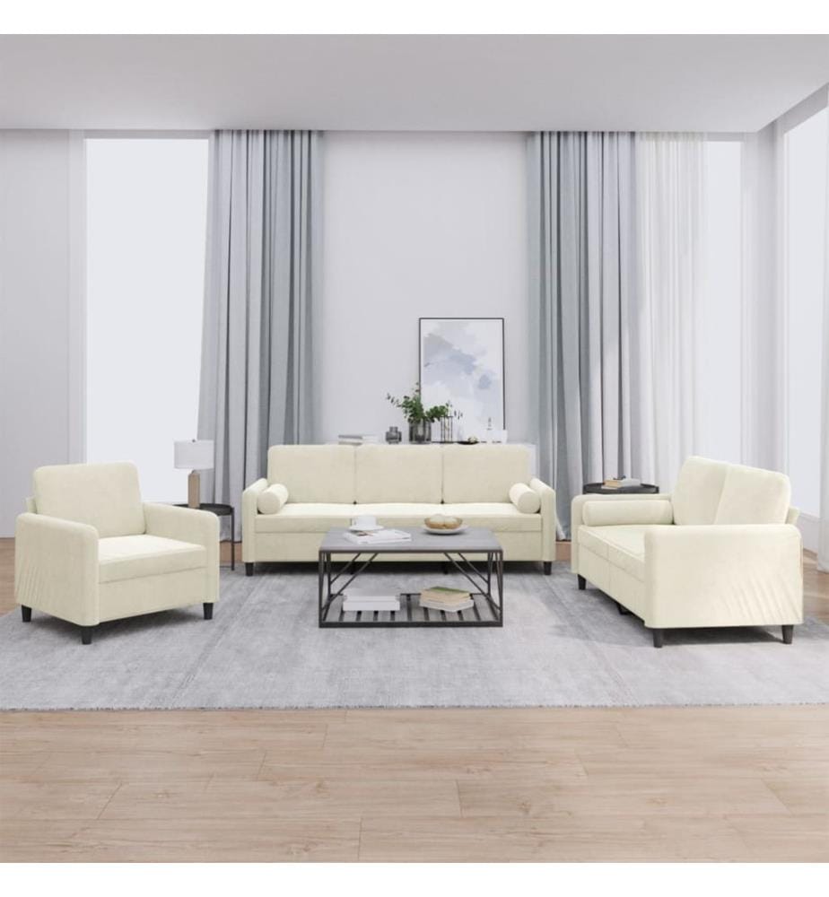 3-tlg. Sofagarnitur mit Kissen Creme Samt