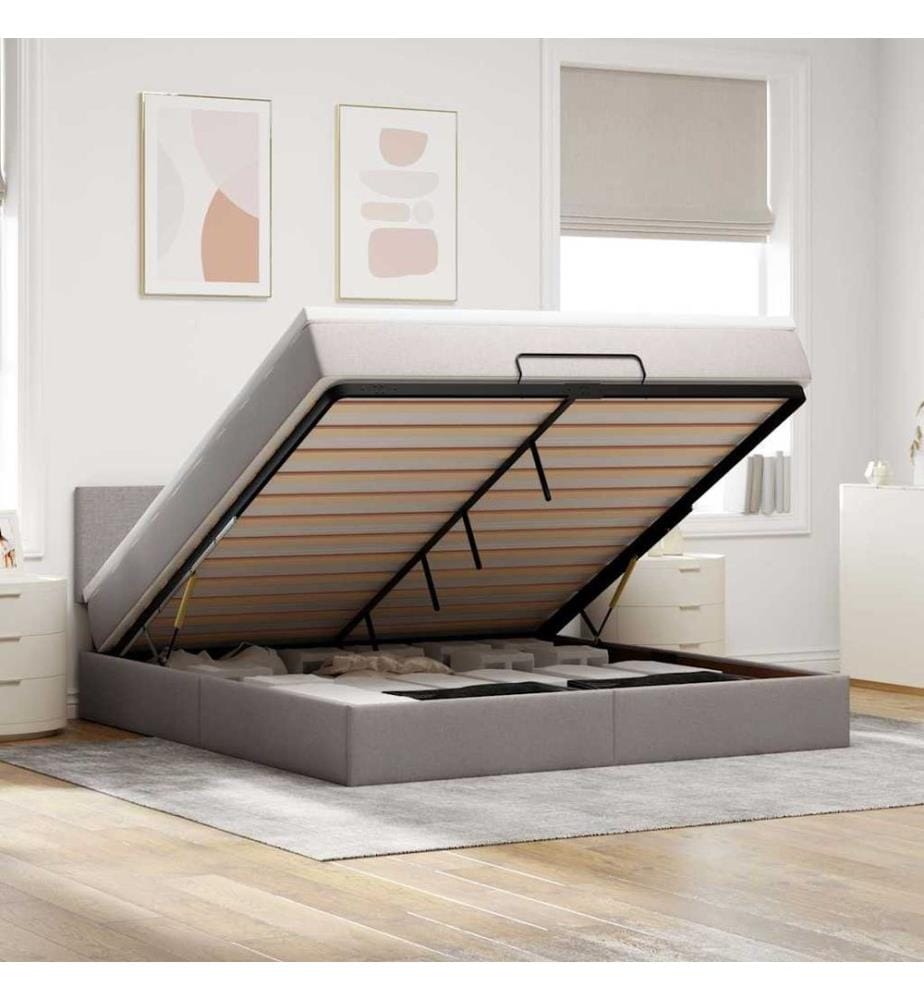 Cadre de lit ottoman avec matelas taupe 160x200 cm tissu