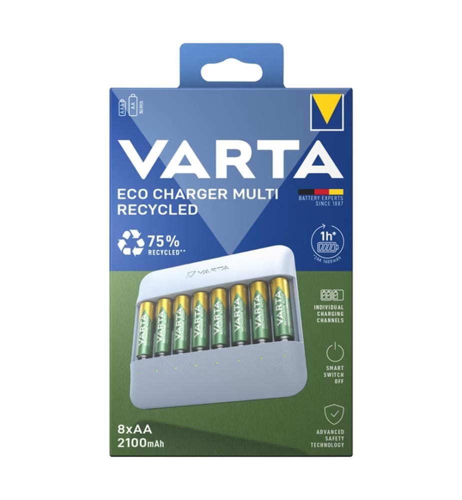 Eco-friendly multi charger (recycled), with 8 AA 2100 mAh rechargeable batteries