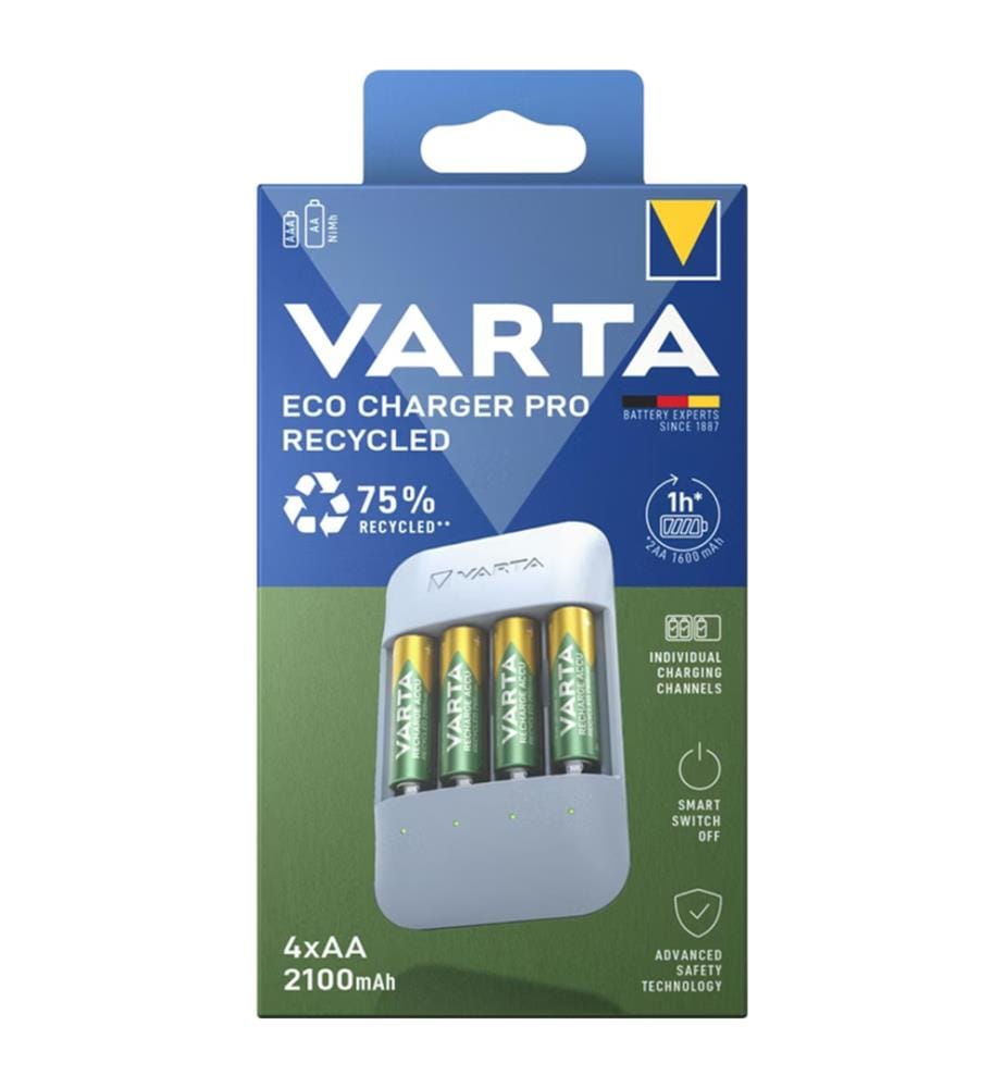 Eco-friendly Pro charger (recycled), with 4 AA 2100 mAh rechargeable batteries