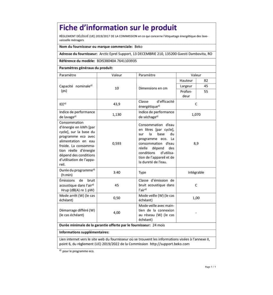Lave-vaisselle BEKO - Modèle : BDIS38040A