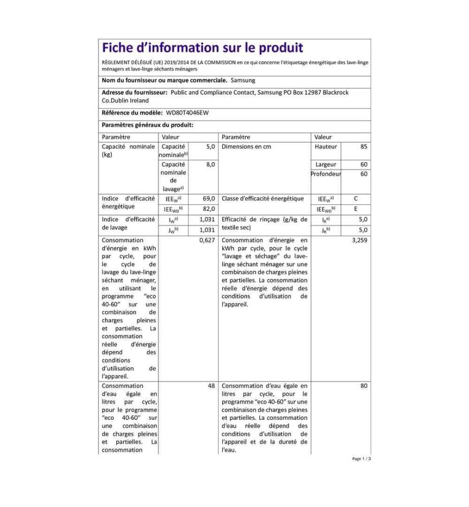 Lavante-séchante SAMSUNG - Modèle : WD 80 T 4046 EW
