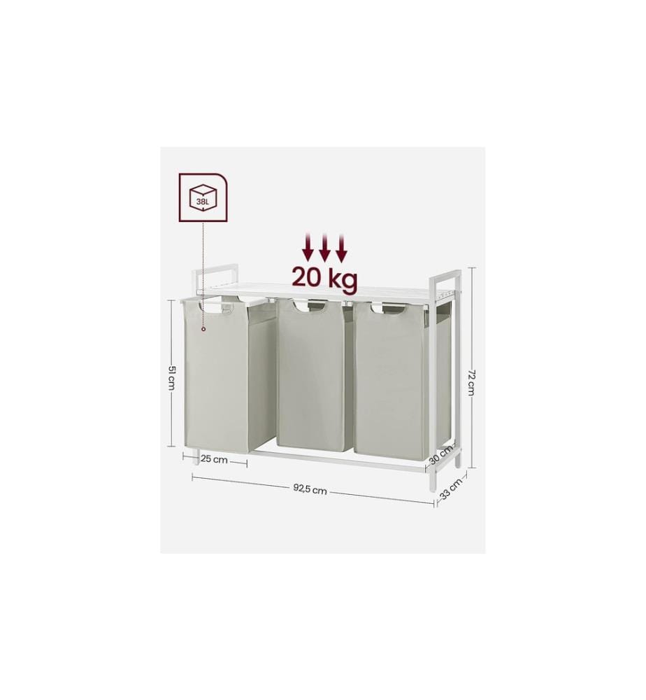 VASAGLE - Corbeille à linge avec tablette 3 x 38 l, Blanc