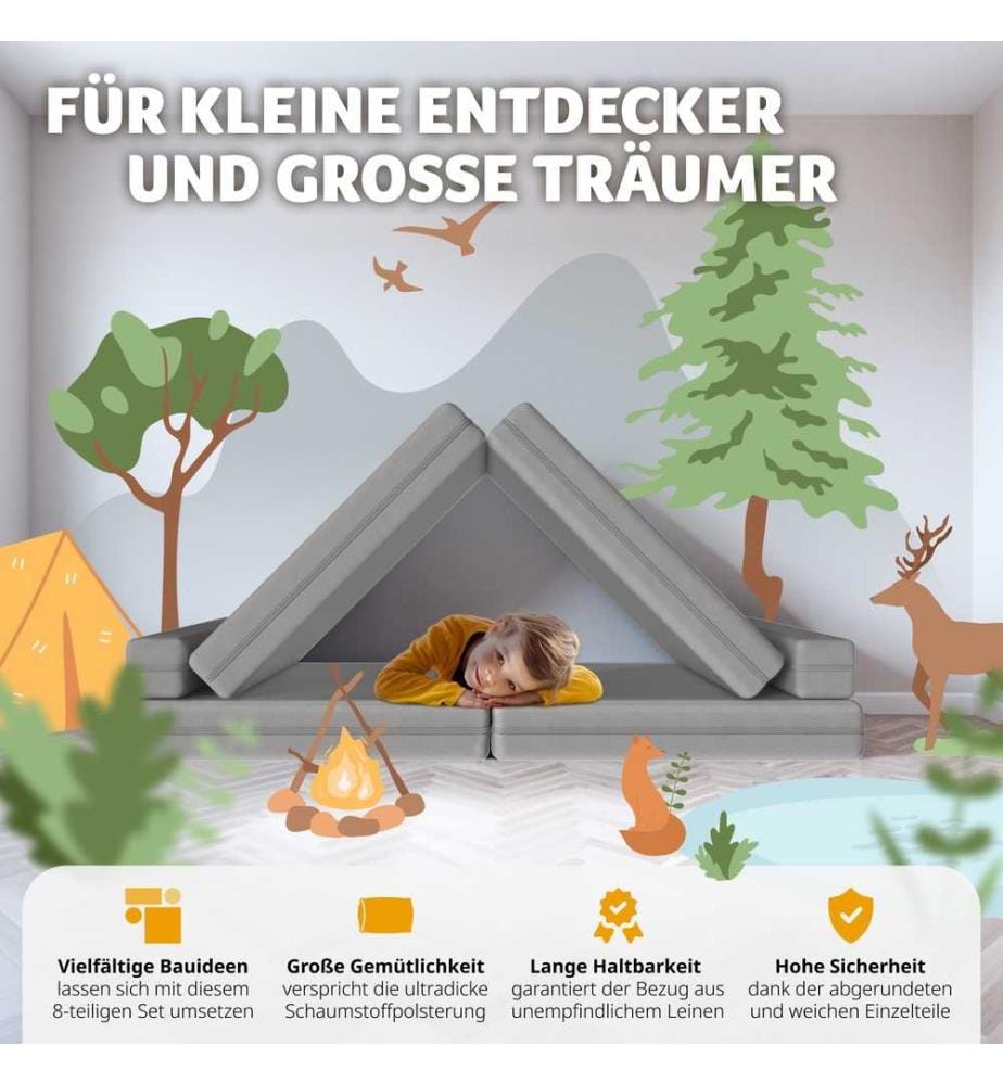 Spielsofa Lilly, 8-teilig, mit Schlaffunktion - 120 cm, grau