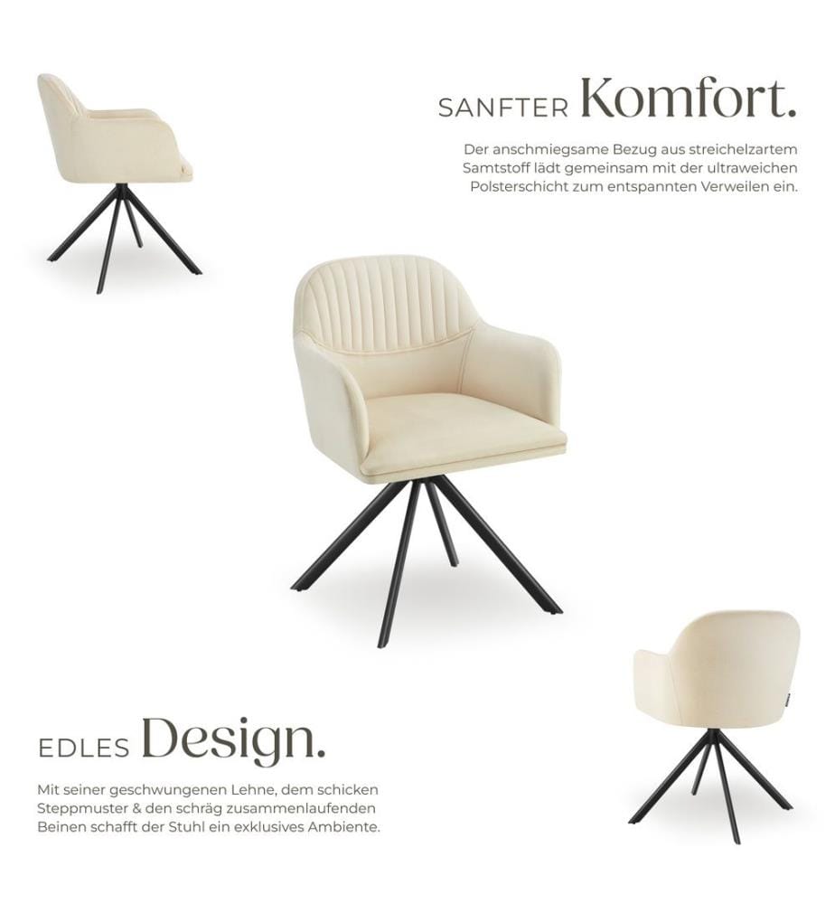 Samt-Drehstuhl Lona mit dicker Polsterung - cremeschwarz, 4er Set