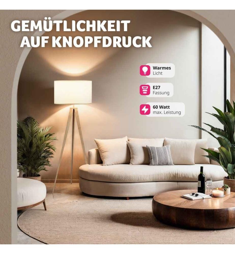 Stehleuchte Lunaris, Textilschirm, Dreibeingestell - eiche