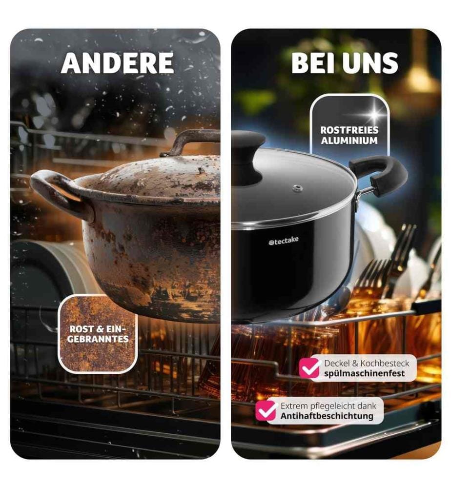 Kochtopfset Varese, Aluminium mit Glasdeckeln, 15-tlg - schwarz