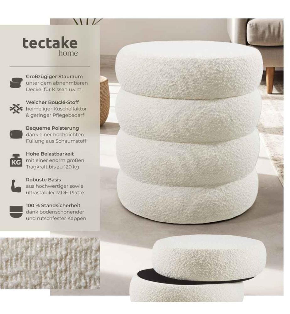 Sitzhocker Altu, gepolstert, Stauraum - Bouclé creme-weiss