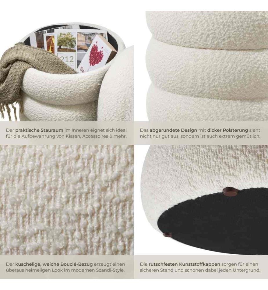 Sitzhocker Altu, gepolstert, Stauraum - Bouclé creme-weiss