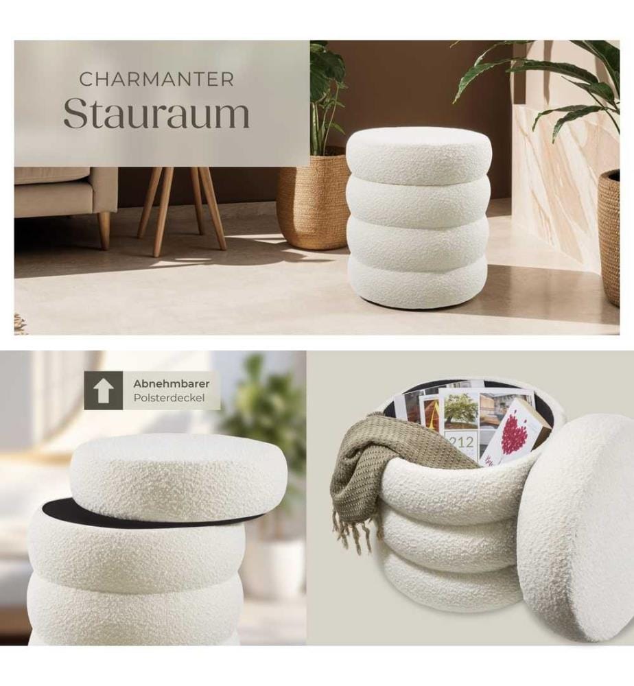 Sitzhocker Altu, gepolstert, Stauraum - Bouclé creme-weiss