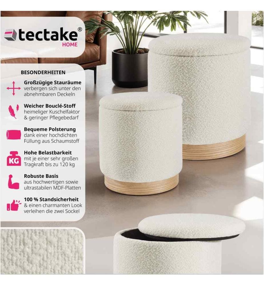 2er Set Sitzhocker Orchide Bouclé, gepolstert, mit Stauraum - creme