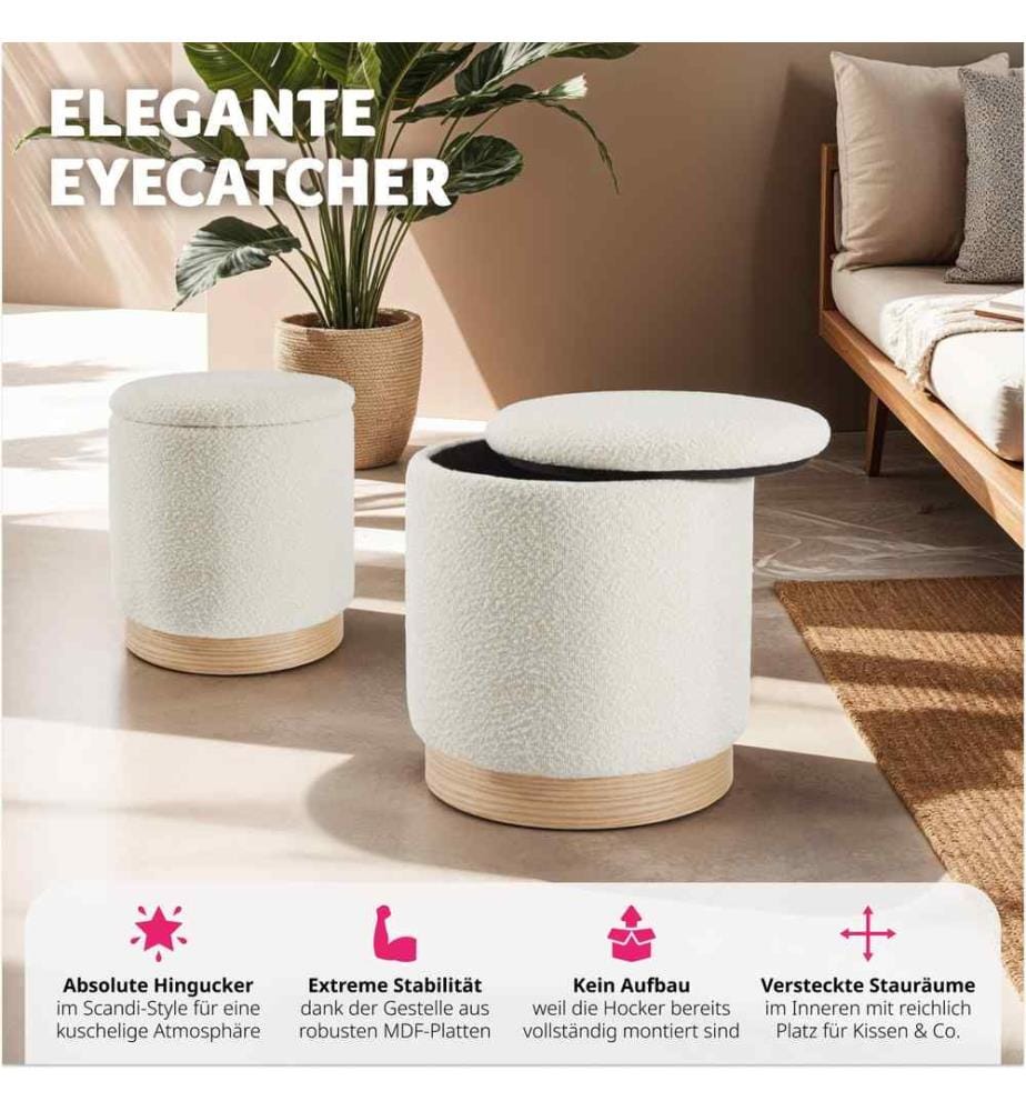 2er Set Sitzhocker Orchide Bouclé, gepolstert, mit Stauraum - creme