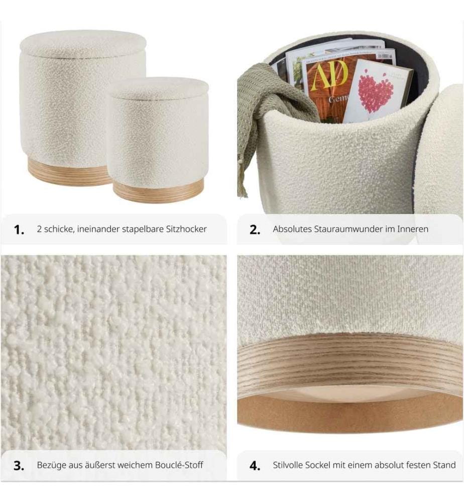 2er Set Sitzhocker Orchide Bouclé, gepolstert, mit Stauraum - creme