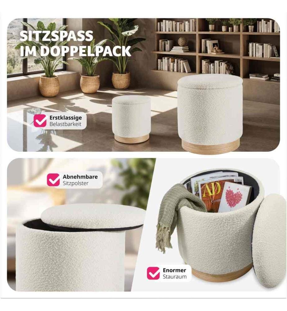 2er Set Sitzhocker Orchide Bouclé, gepolstert, mit Stauraum - creme