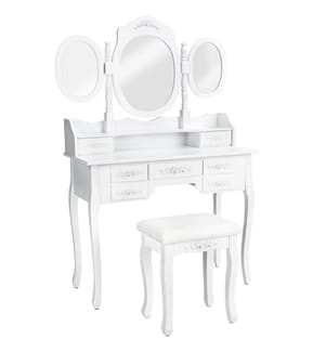 Schminktisch mit 7 Schubladen, Spiegel und Hocker im Antik Look - weiss