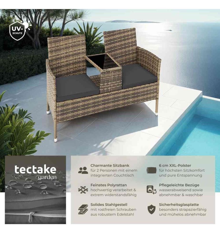 Rattan Gartensitzbank mit Tisch - naturdunkelgrau