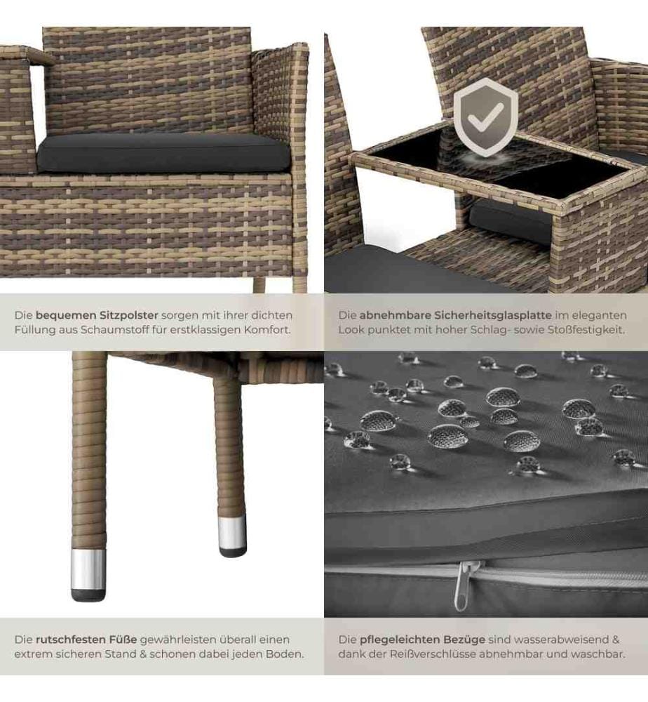 Rattan Gartensitzbank mit Tisch - naturdunkelgrau