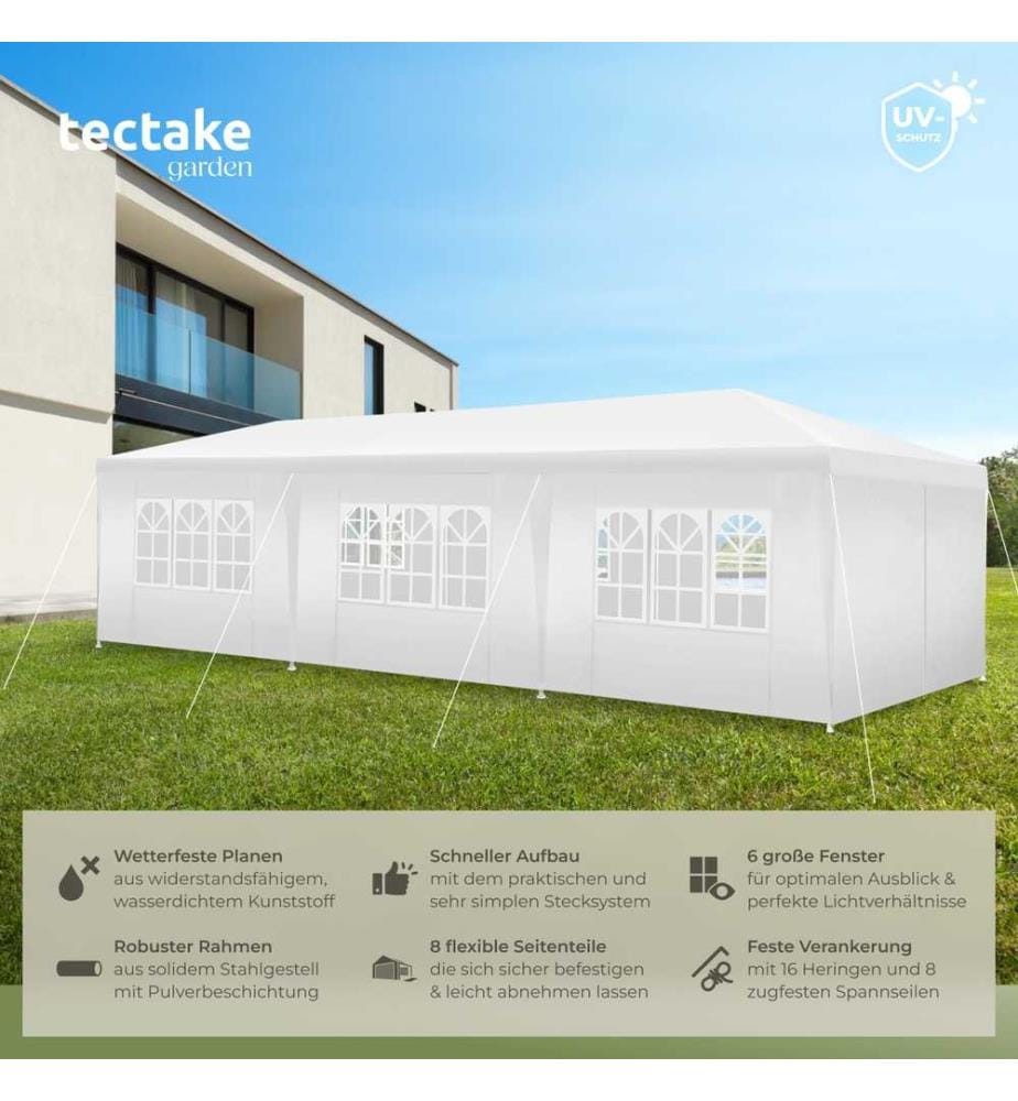 Pavillon Miramas mit 8 Seitenteilen, wasserdicht, 9x3m - weiss