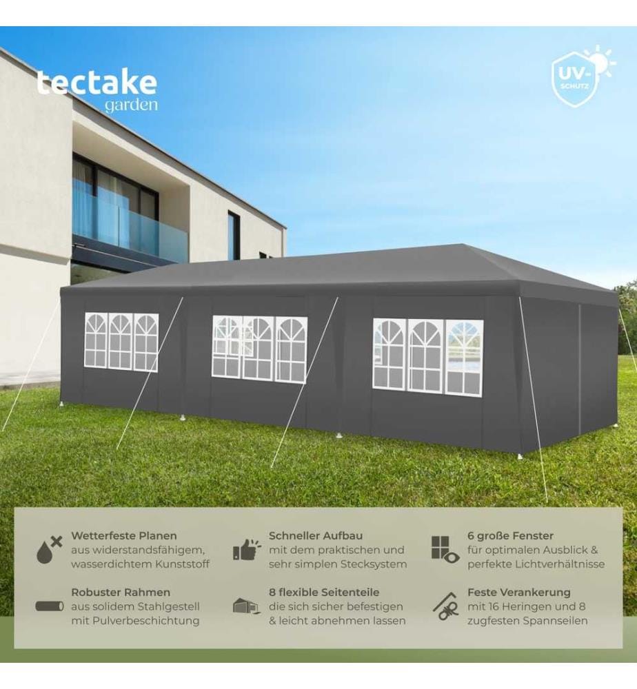 Pavillon Miramas mit 8 Seitenteilen, wasserdicht, 9x3m - grau