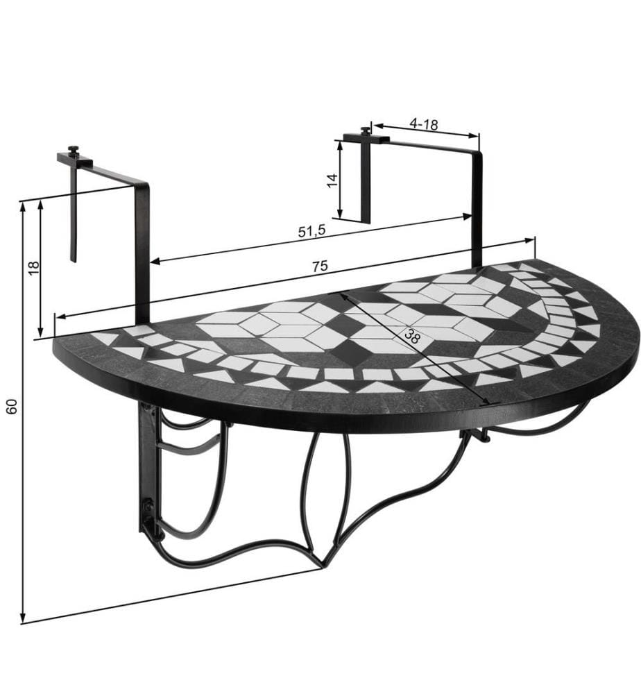 Table de balcon rabattable 75 x 65 x 62 cm - noirblanc