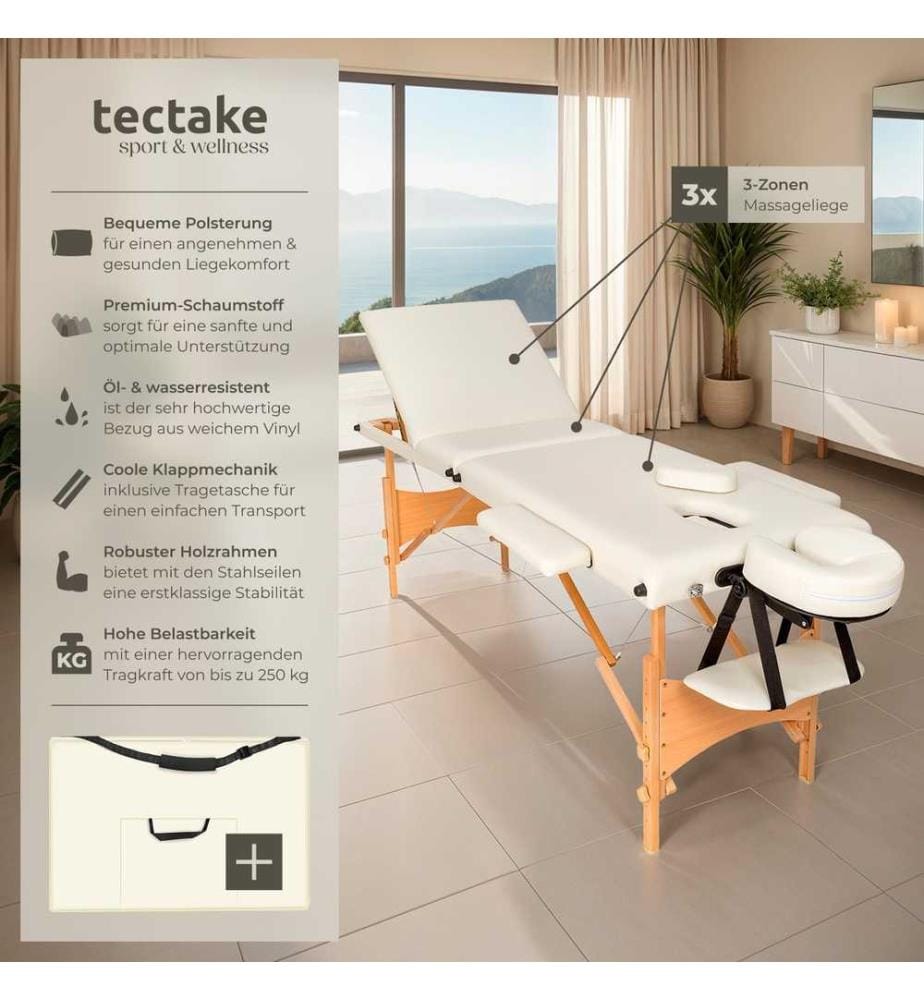Table de massage pliante 3 Zones Bois, cosmétique, portable - beige