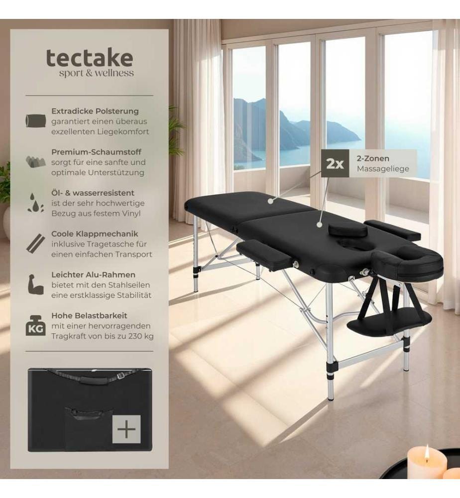 Table de massage pliante 2 zones en aluminium portable housse - noir