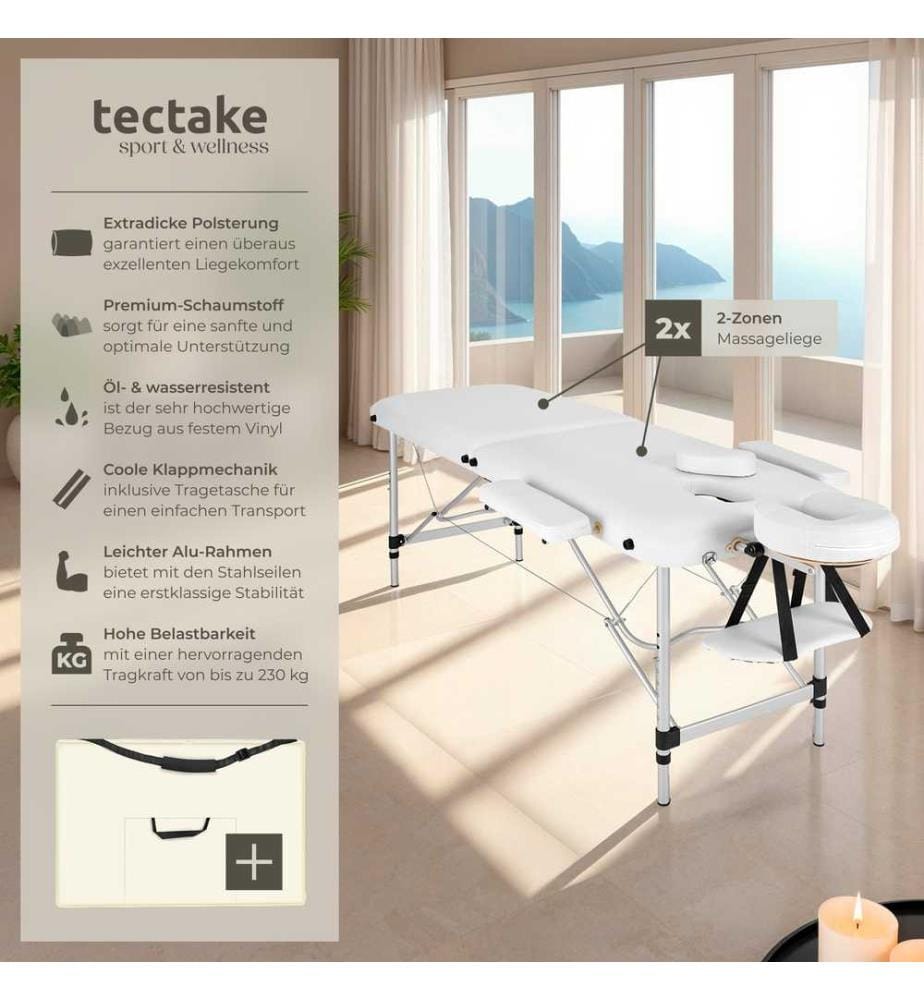 Table de massage pliante 2 zones en aluminium portable housse - blanc