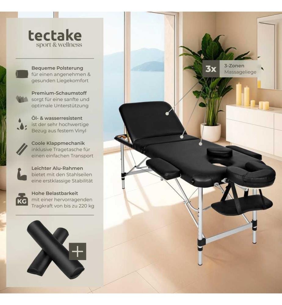 Table de massage 3 zones avec rembourrage de 5 cm et châssis en aluminium et rouleaux - noir