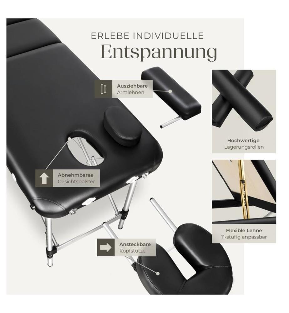 Table de massage 3 zones avec rembourrage de 5 cm et châssis en aluminium et rouleaux - noir