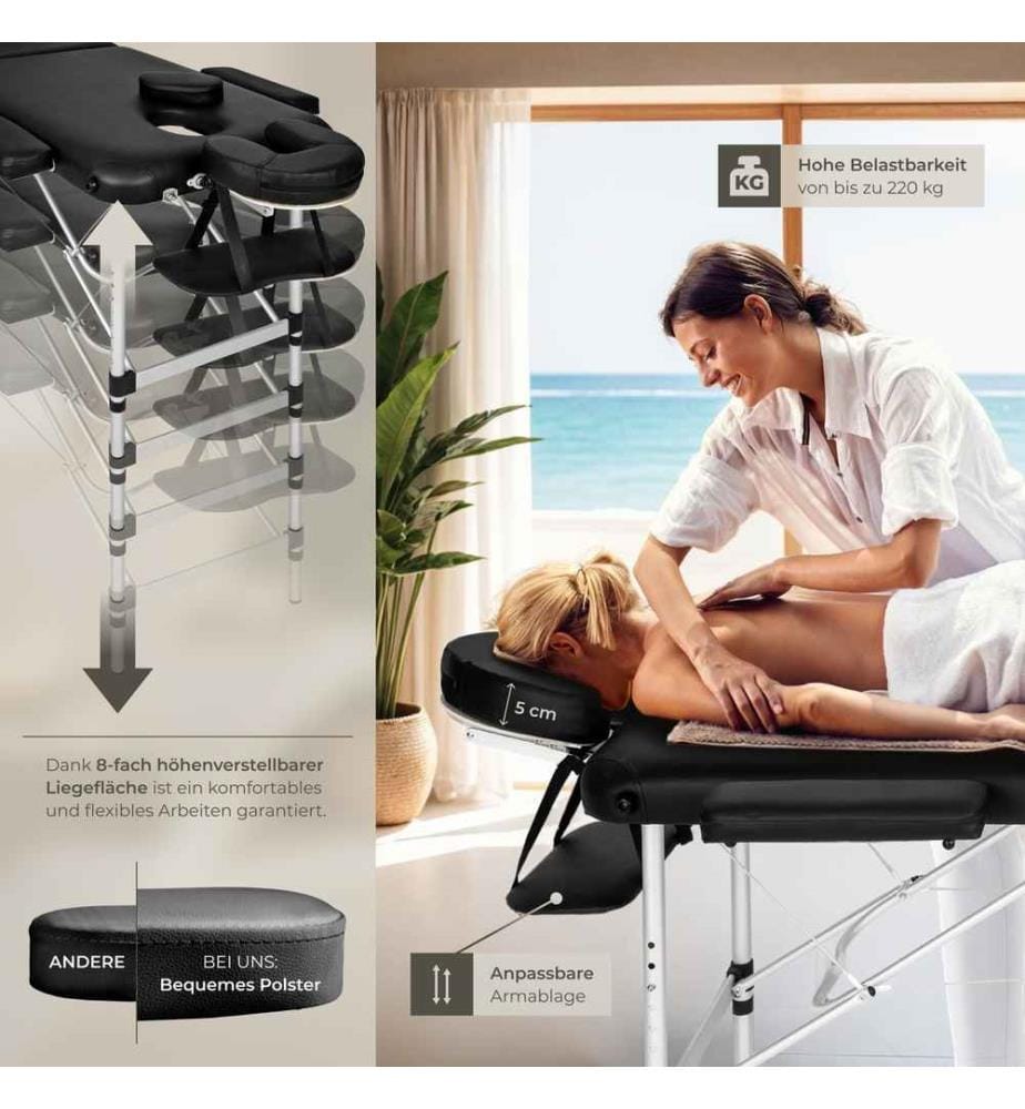 Table de massage 3 zones avec rembourrage de 5 cm et châssis en aluminium et rouleaux - noir