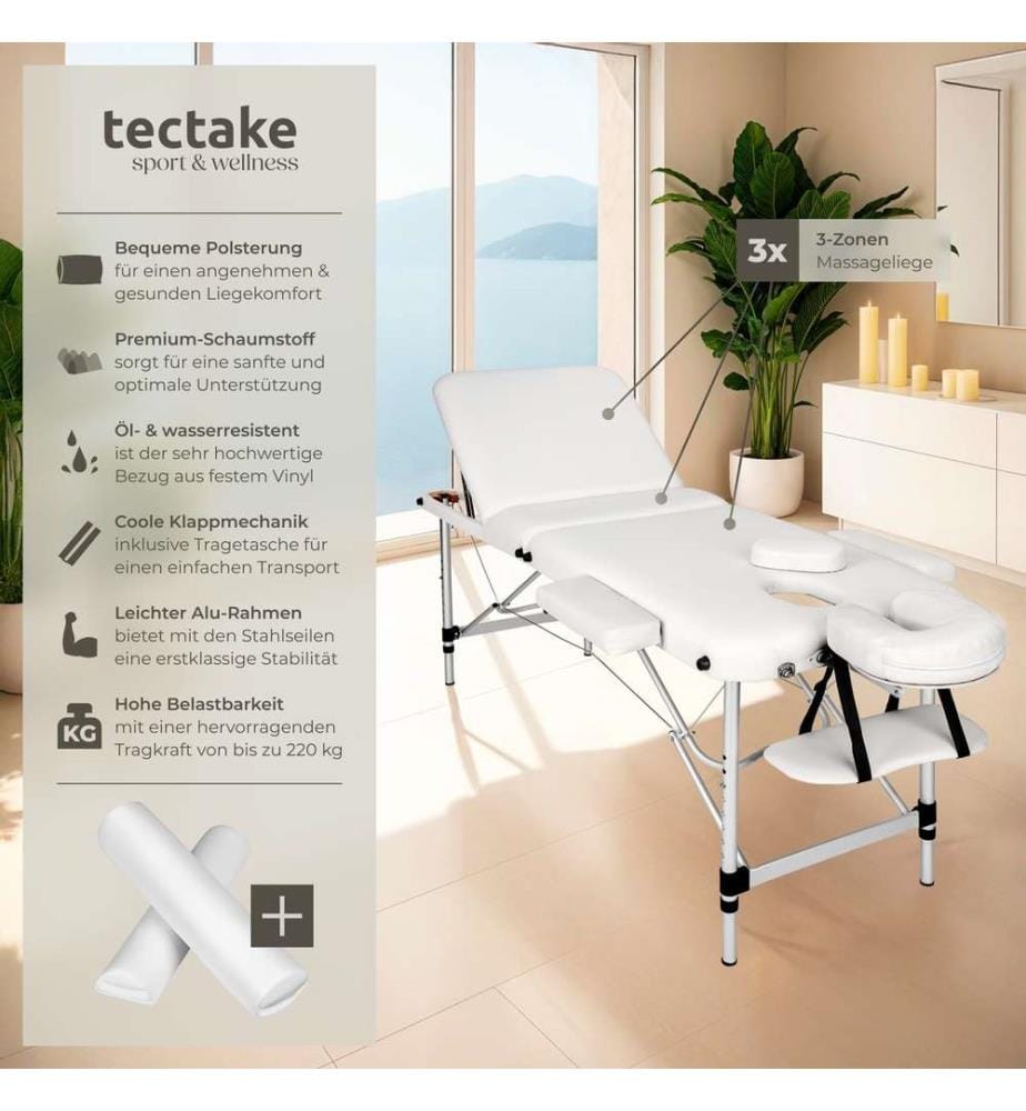 Table de massage 3 zones avec rembourrage de 5 cm et châssis en aluminium et rouleaux - blanc