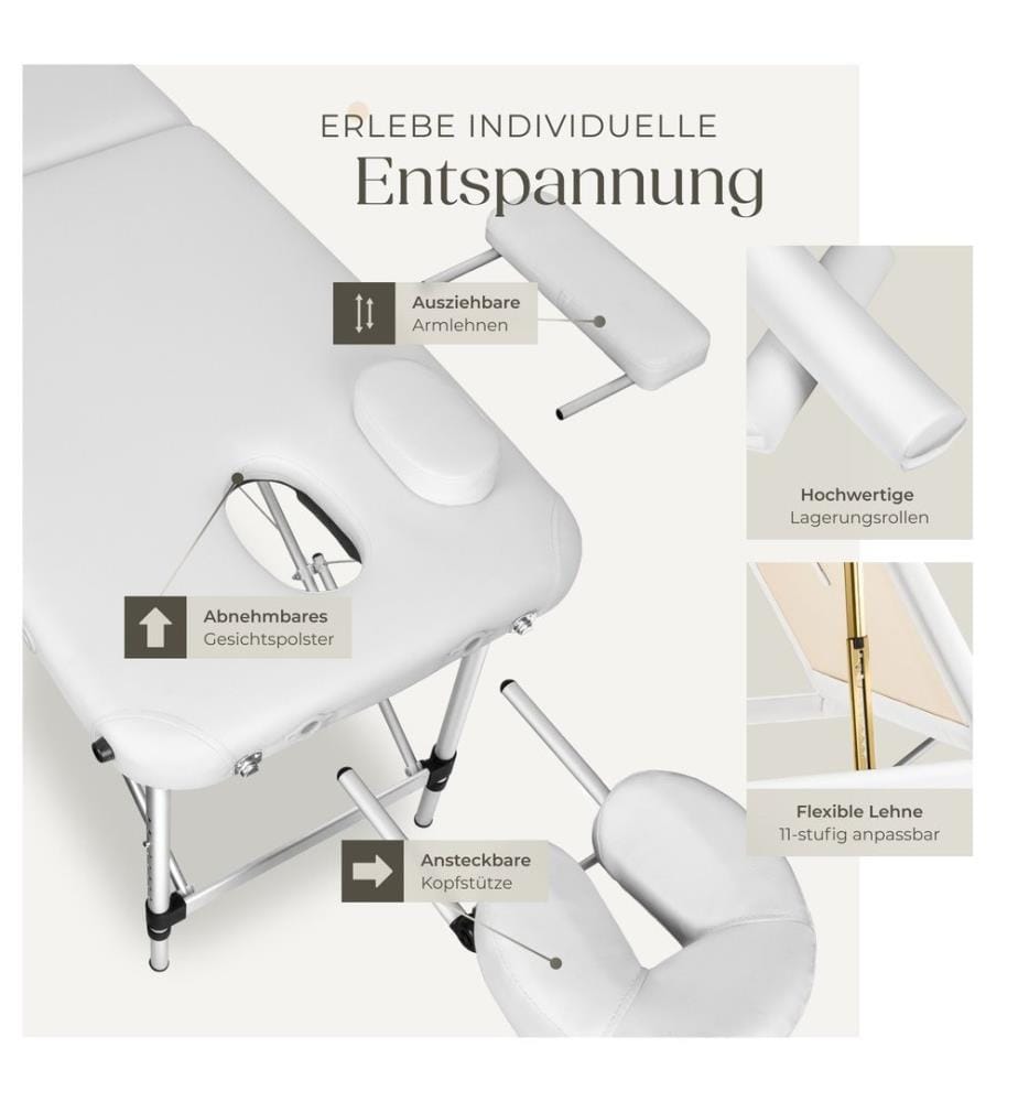Table de massage 3 zones avec rembourrage de 5 cm et châssis en aluminium et rouleaux - blanc