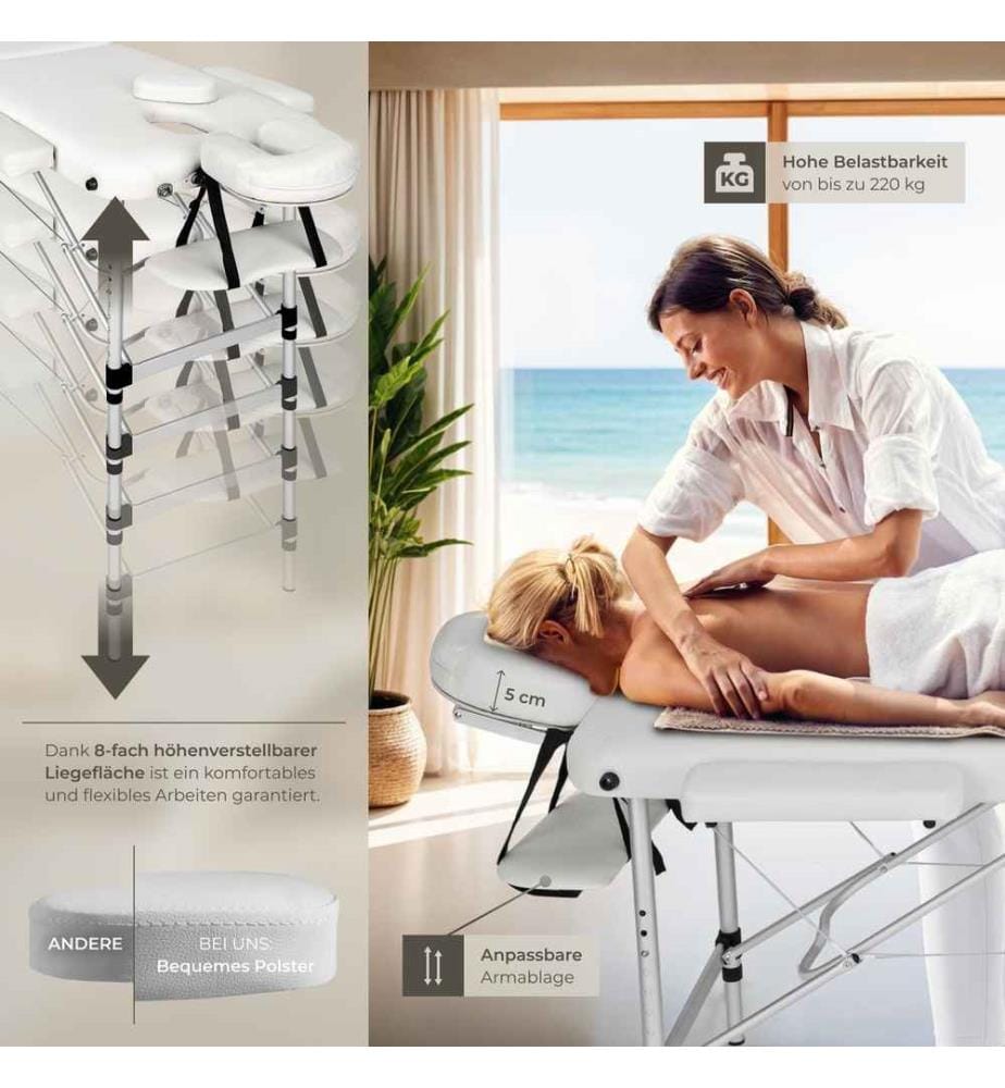Table de massage 3 zones avec rembourrage de 5 cm et châssis en aluminium et rouleaux - blanc