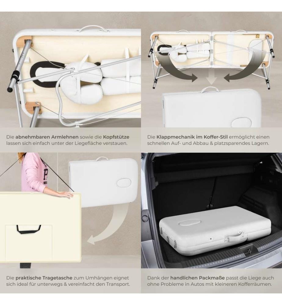 Table de massage 3 zones avec rembourrage de 5 cm et châssis en aluminium et rouleaux - blanc
