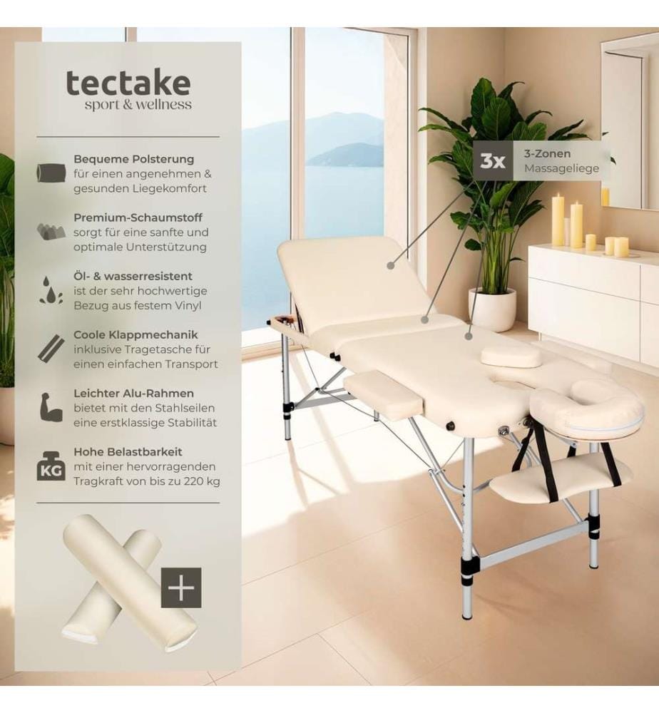 Table de massage 3 zones avec rembourrage de 5 cm et châssis en aluminium et rouleaux - beige