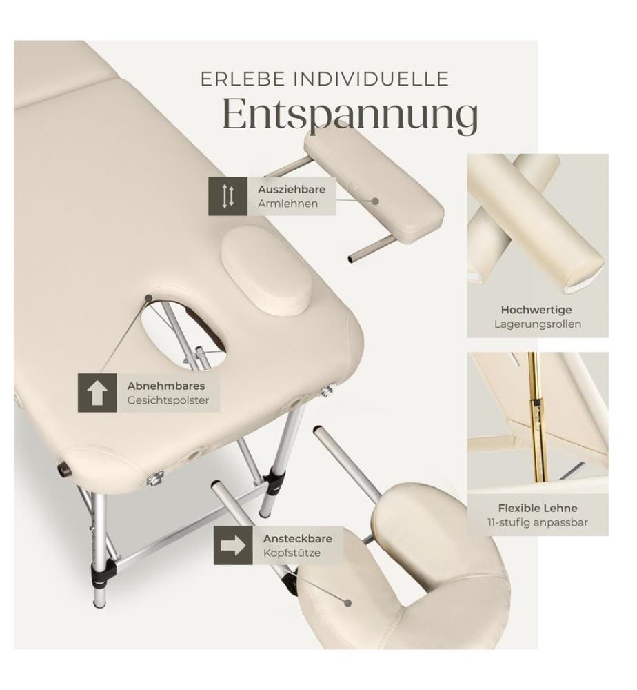 Table de massage 3 zones avec rembourrage de 5 cm et châssis en aluminium et rouleaux - beige
