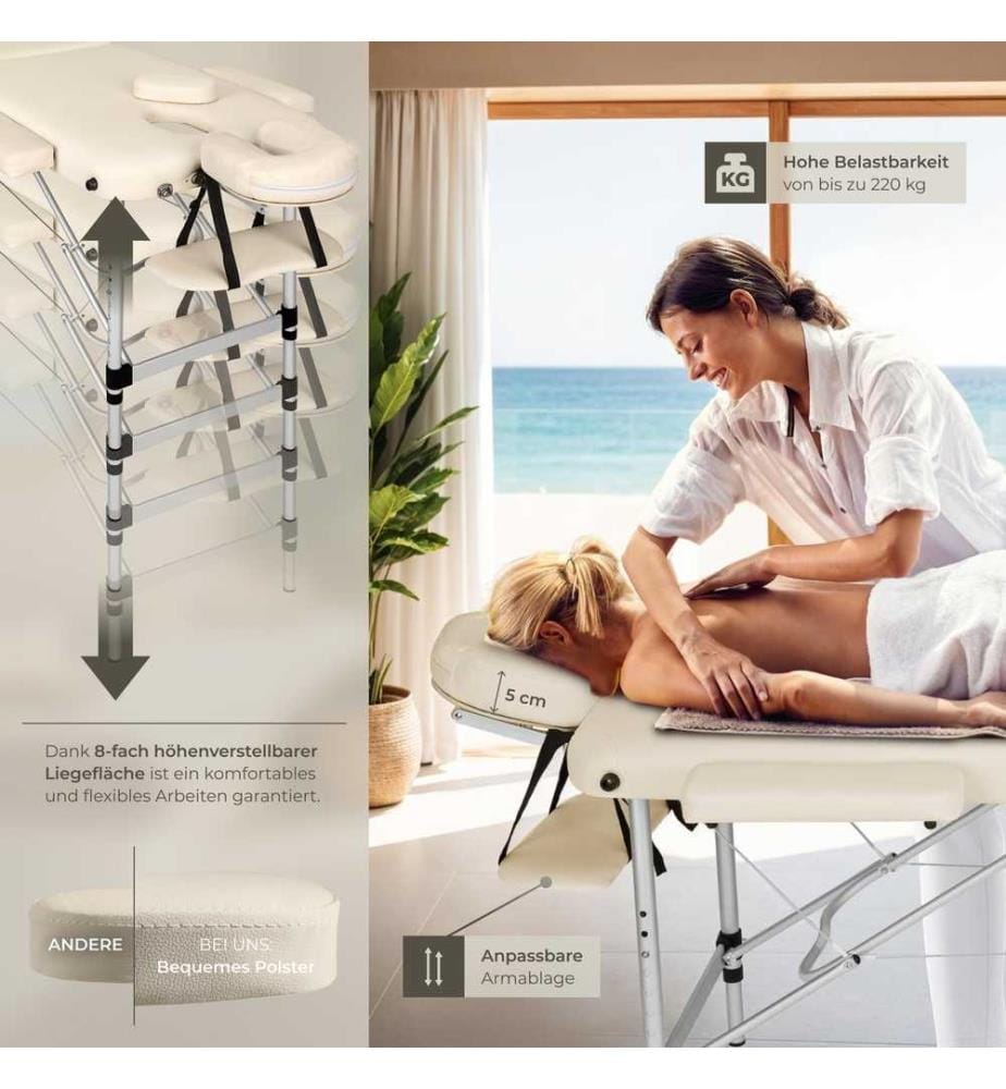 Table de massage 3 zones avec rembourrage de 5 cm et châssis en aluminium et rouleaux - beige
