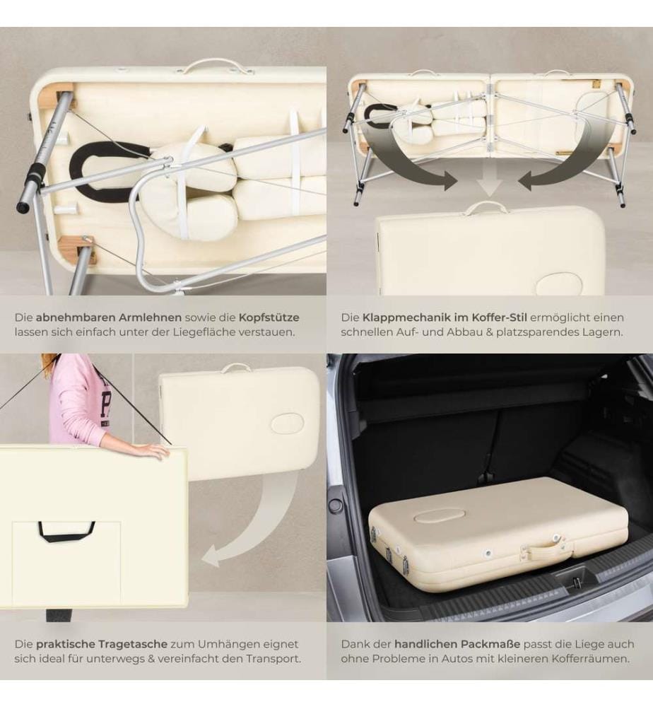 Table de massage 3 zones avec rembourrage de 5 cm et châssis en aluminium et rouleaux - beige