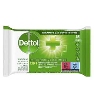 DETTOL - Lingettes désinfectantes 2 in 1 15 pièces
